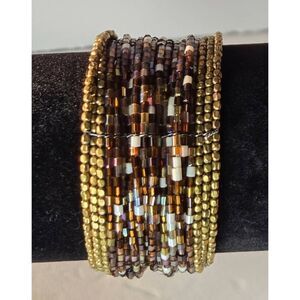 Pretty Wide Brown & Gold Beads Memory Wire Cuff Bracelet